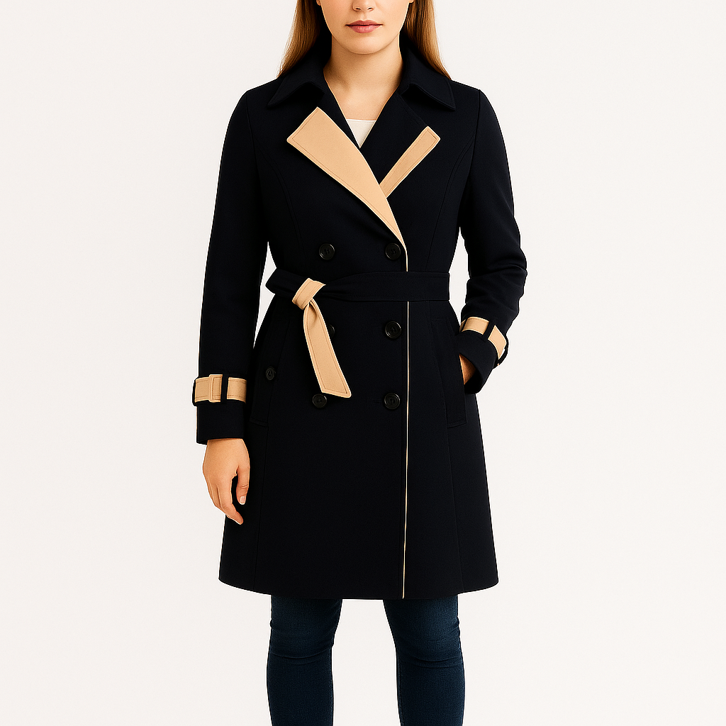 Damski płaszcz trencz z paskiem i dwurzędowym zapięciem