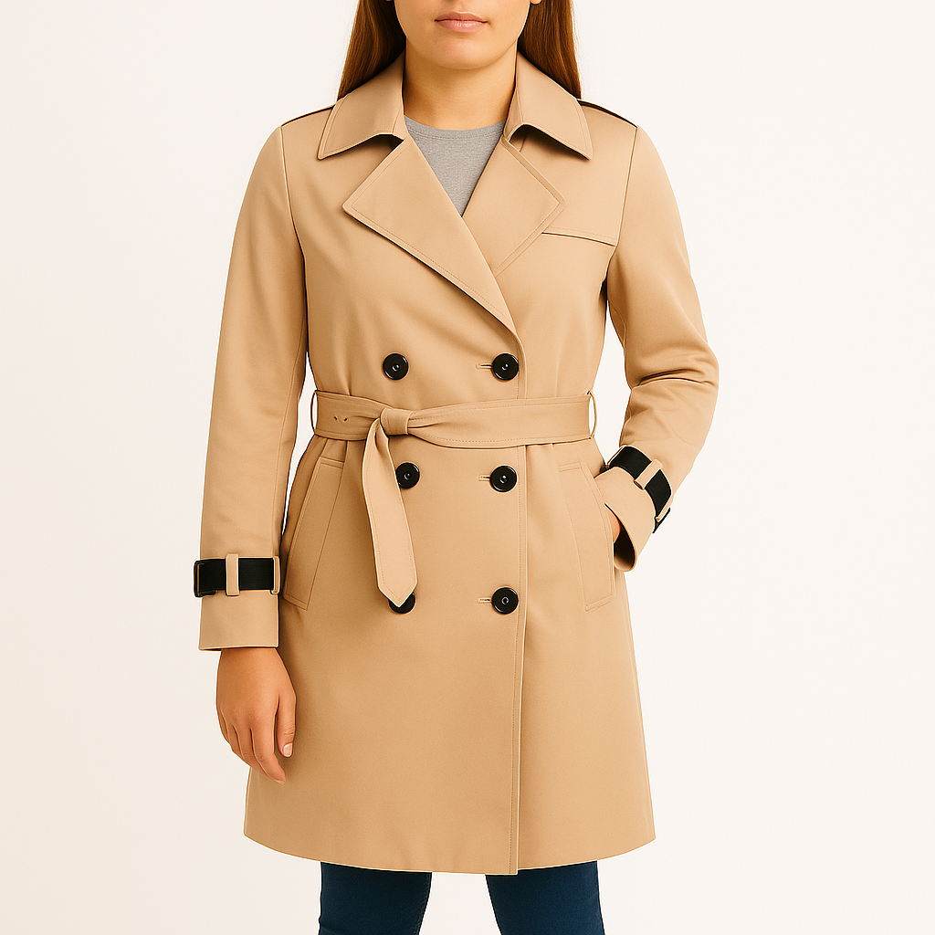 Damski płaszcz trencz z paskiem i dwurzędowym zapięciem