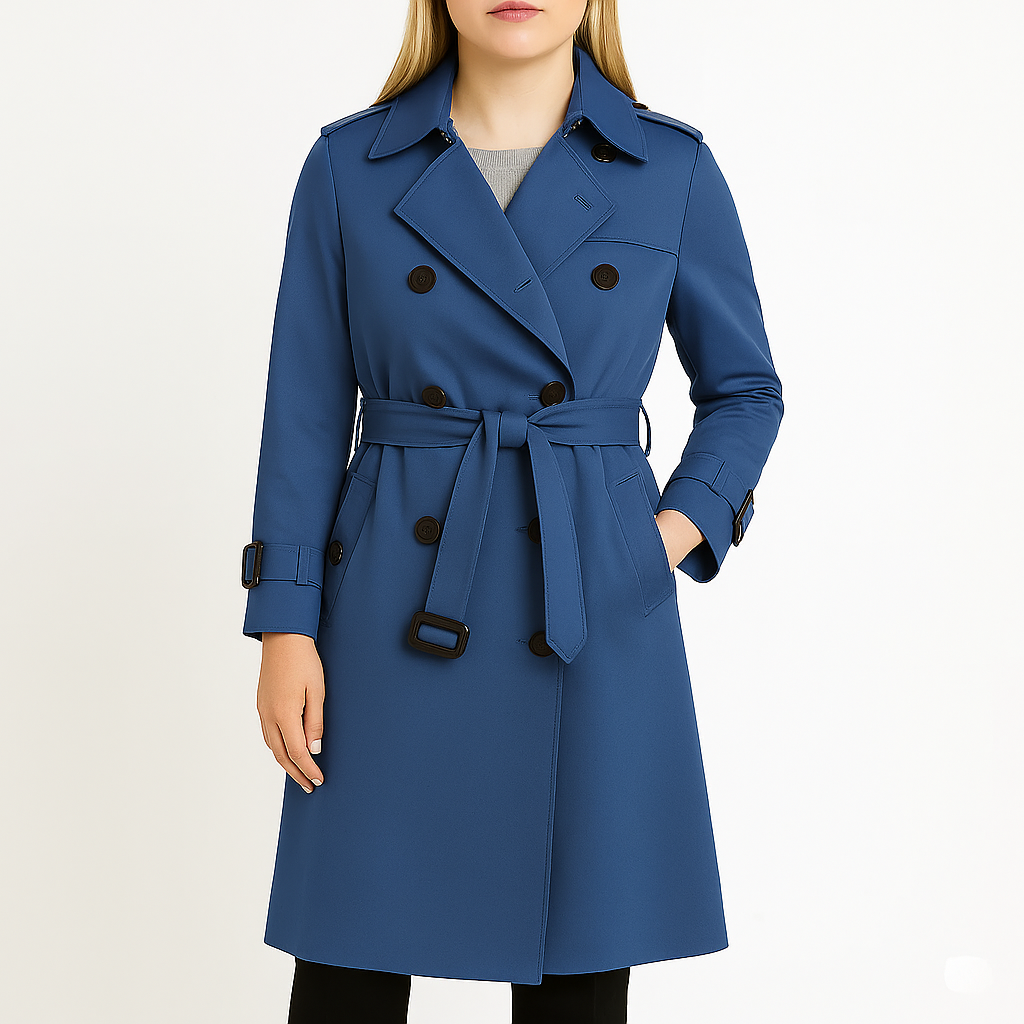 Damski płaszcz trencz do połowy uda z paskiem