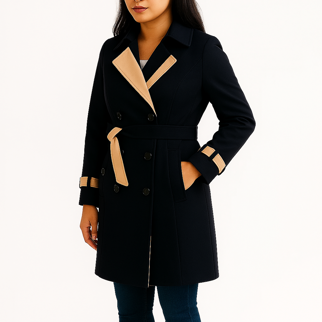 Damski płaszcz trencz z paskiem i dwurzędowym zapięciem